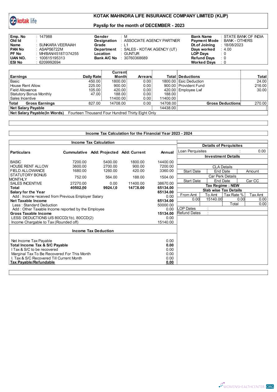 Download Kotak Life Insurance Company payslip template in Word and PDF formats.pdf, 1 Photoshop template